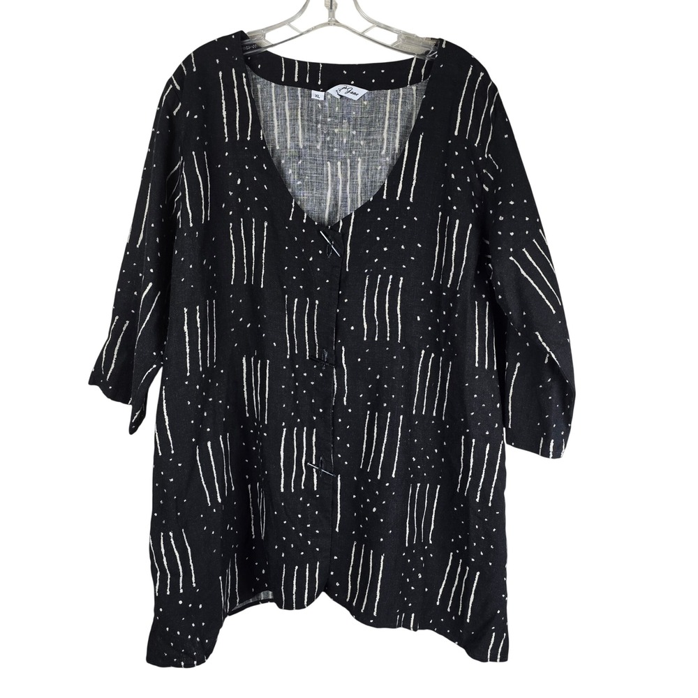 Liz and Jane Vintage Abstract Linen‎ Print Toggle Button Blouse XL Black White